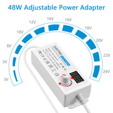 SHNITPWR Universal AC Adapter 3V~24V 2A 48W Adjustable Power Supply 100V-240V AC to DC 3V 5V 6V 9V 12V 15V 18V 19V 20V 24V Multi-Voltage Power Converter with 14 Tips Polarity Converter, White